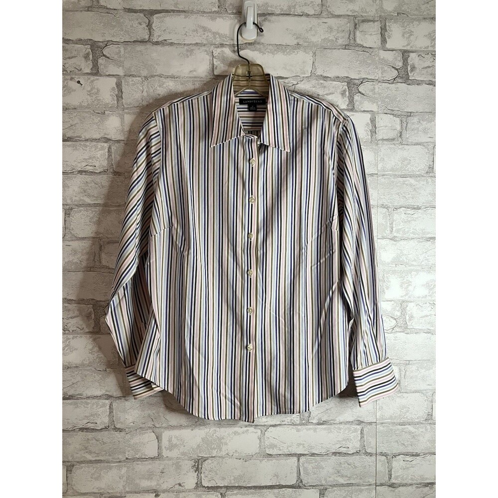 Lands End Womens Size 10 Shirt Multi Color Stripe Button Up Cotton/spandex EUC